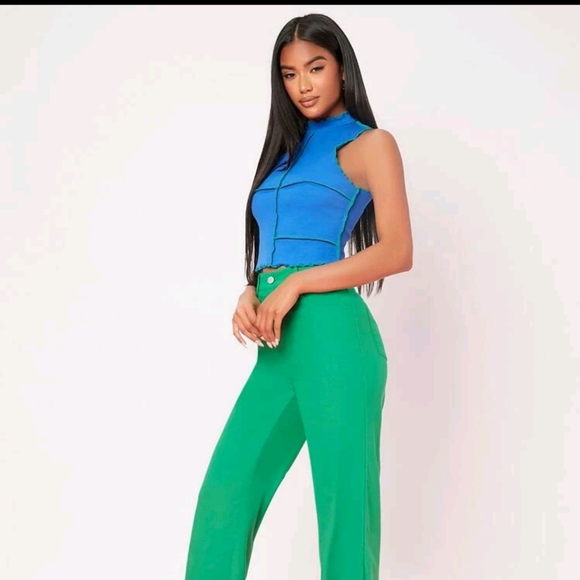 New Blue & Green Mock Neck Lettuce Trim Seam Front Tank Top XL - Picture 4 of 7